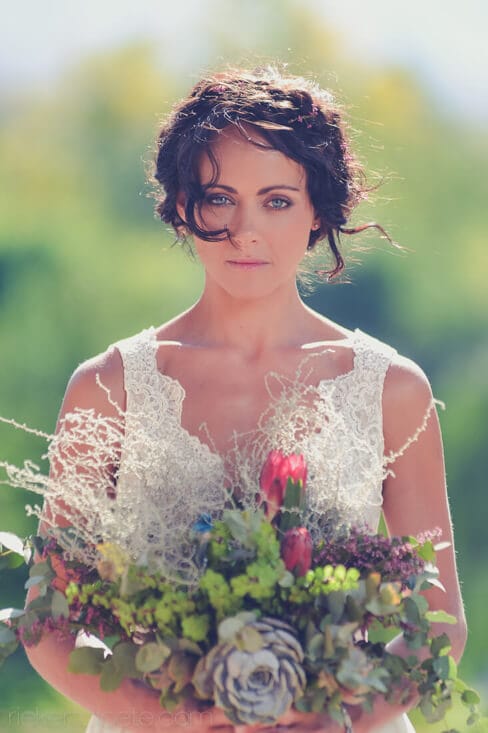 Bride looks at camera