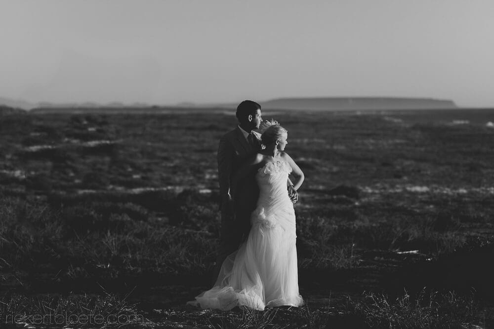 wedding couple looking into the distance