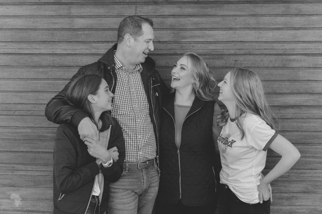 Family laughing Black and white