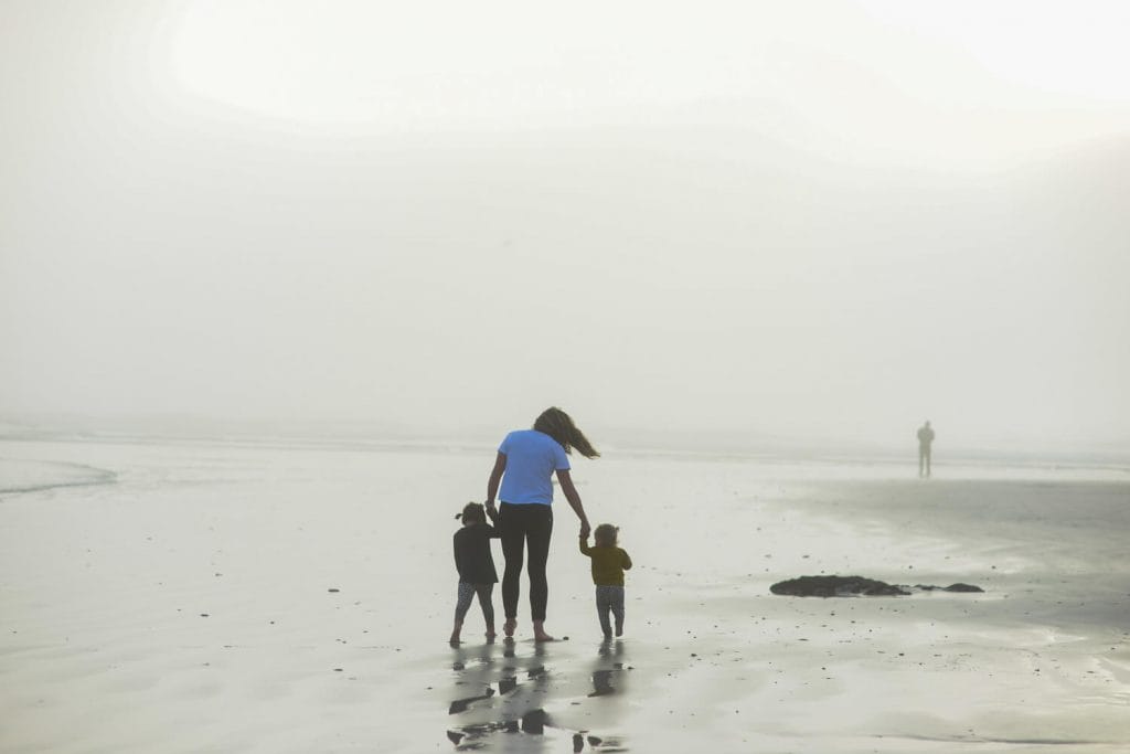 Mom and daughters walking