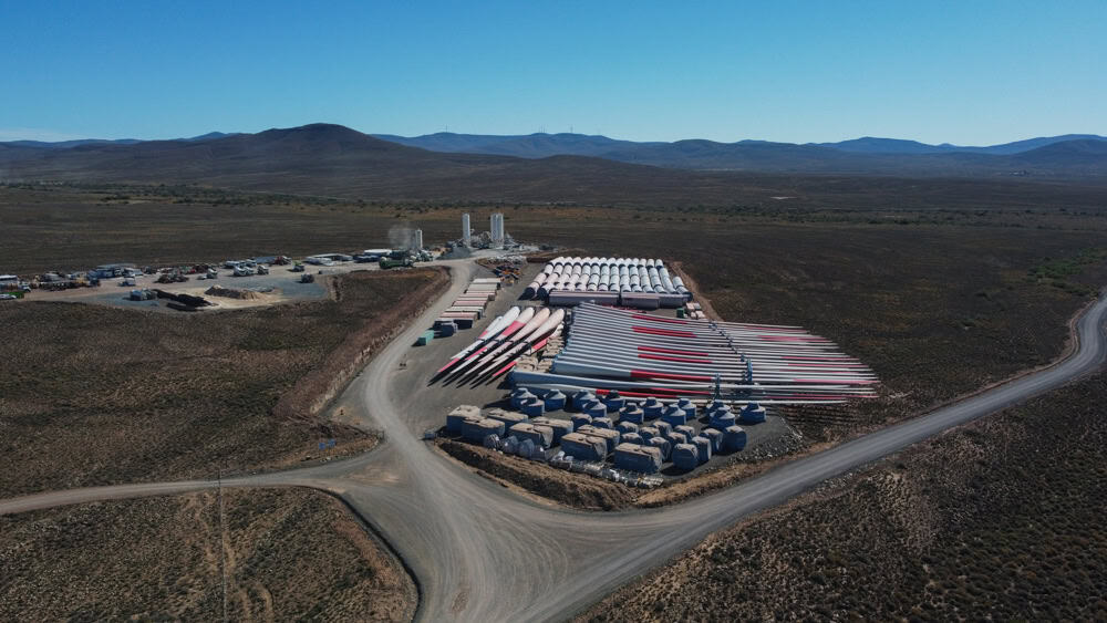 wind turbine blade storage yard aerial karoo renewable energy photography western cape