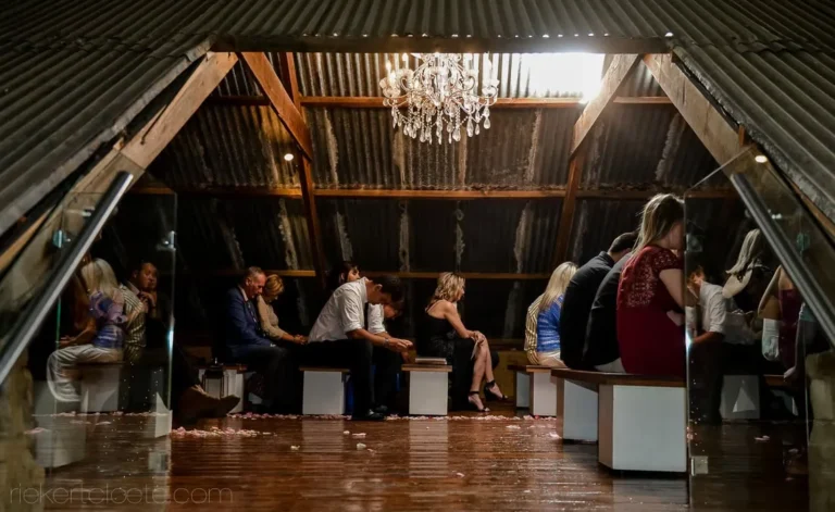 401 Rosendal guests seated rustic barn chandelier corrugated roof