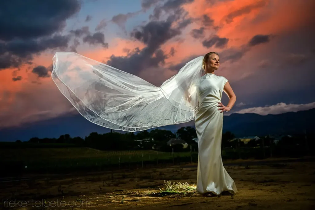 Laborie bride veil billowing wind sunset vineyard