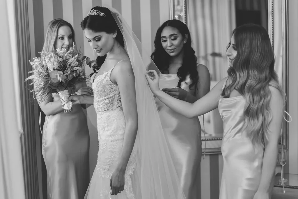 Bride tiara bouquet bridesmaids satin final veil adjustments – 12 Apostles Hotel & Spa, Cape Town
