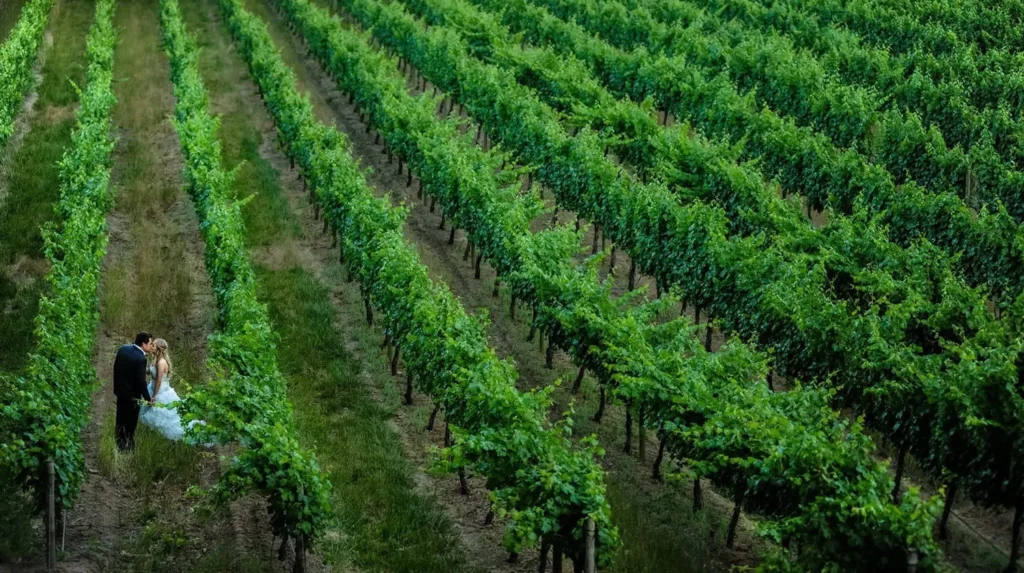 aerial couple lush green vineyard rows winelands