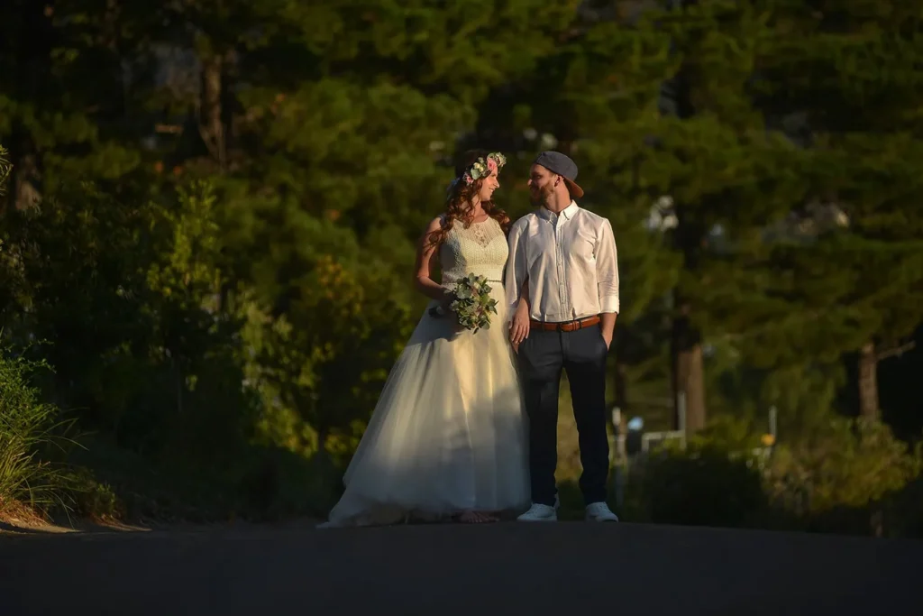 bohemian couple pine tree avenue floral crown