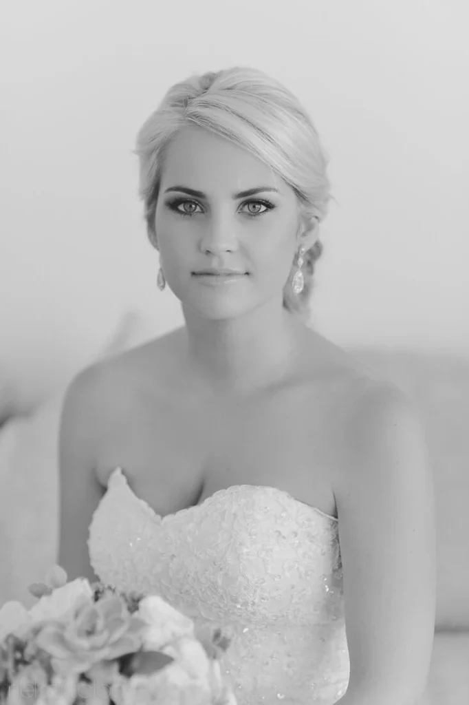 bride blonde strapless lace gown crystal earrings