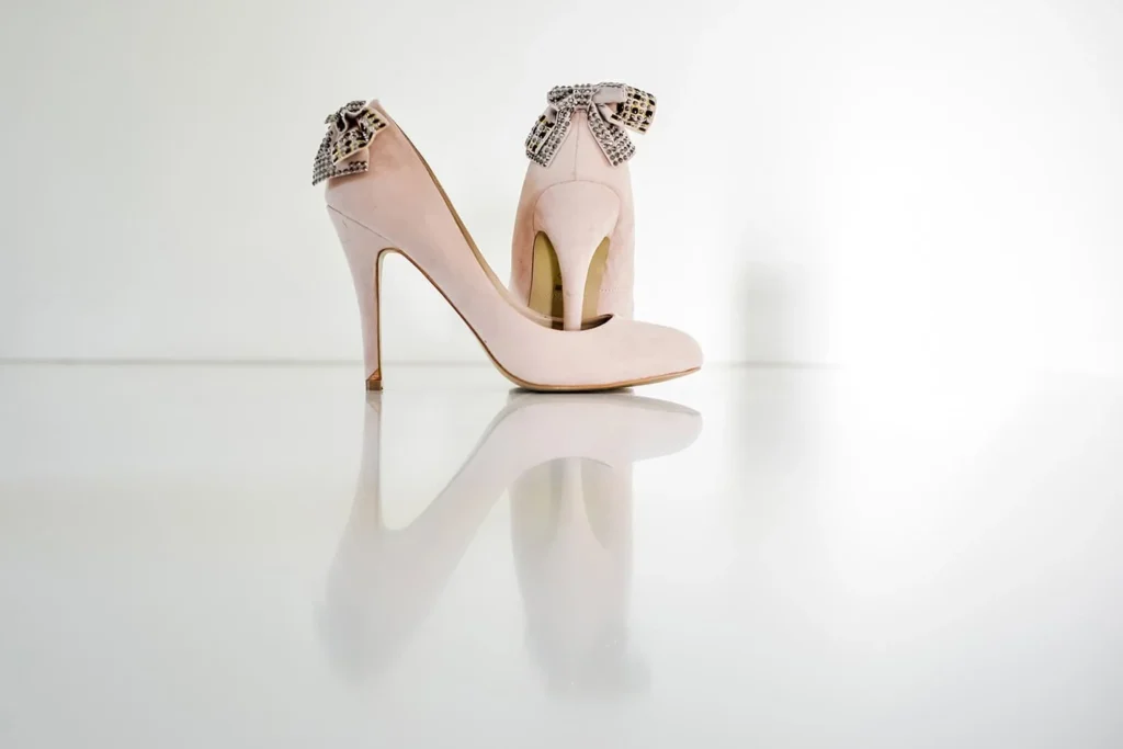 bride blush pink suede heels crystal bow wedding