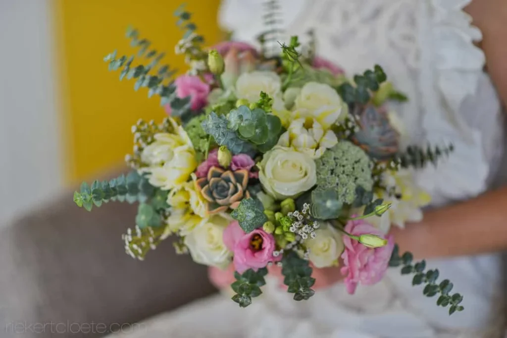 bride bouquet white rose succulent eucalyptus
