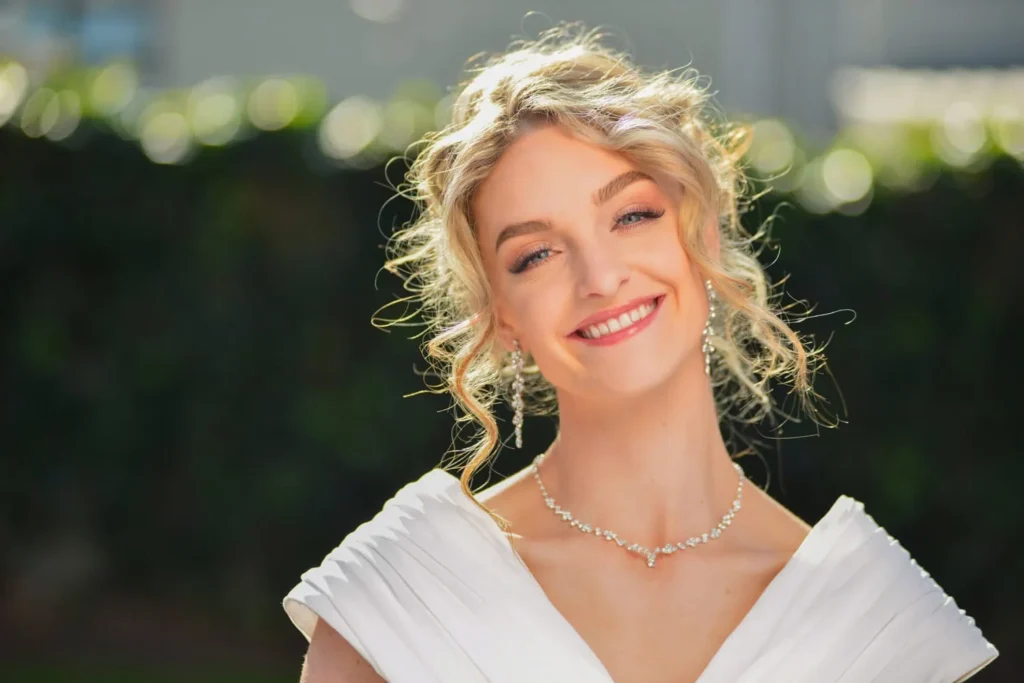 bride crystal jewellery off shoulder gown outdoor