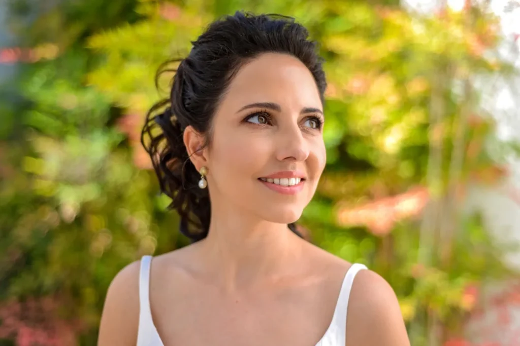 bride dark updo pearl earrings garden stellenbosch