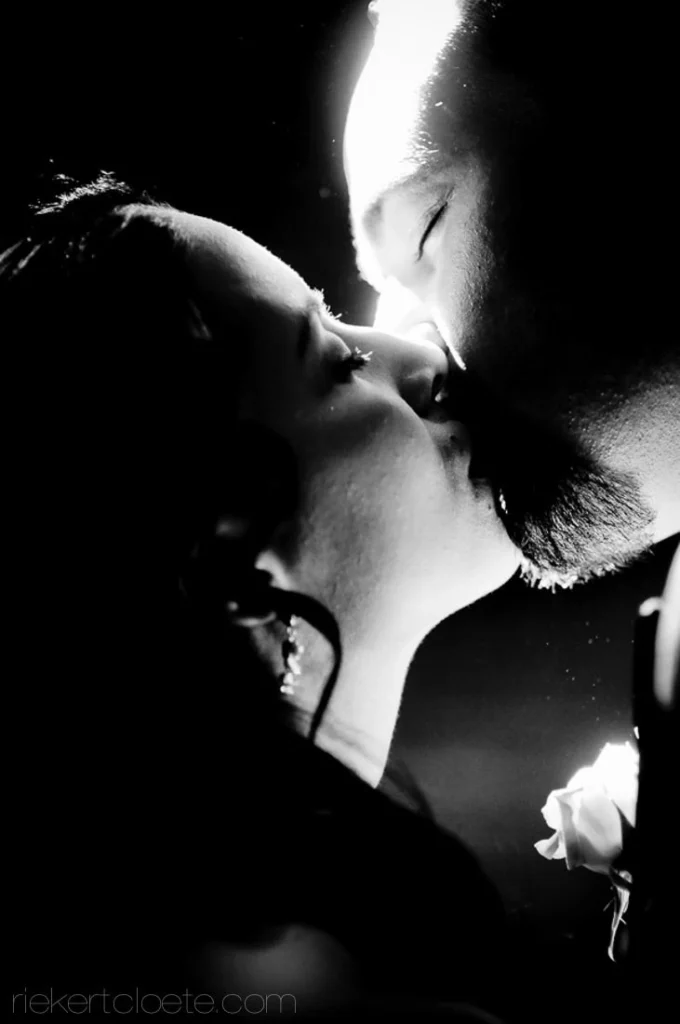 bride groom dramatic close up kiss night portrait