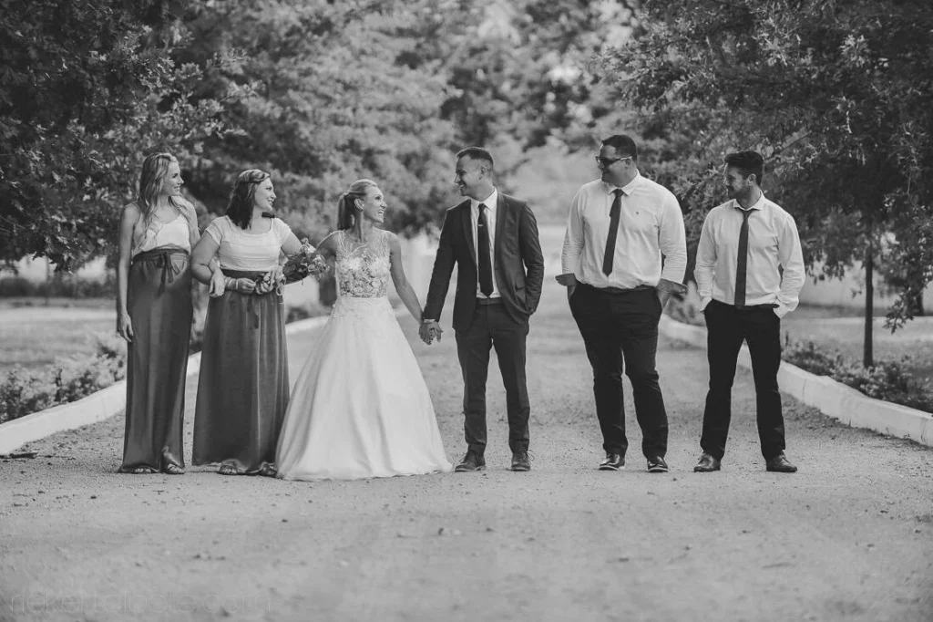 bride groom entourage tree lined path black white