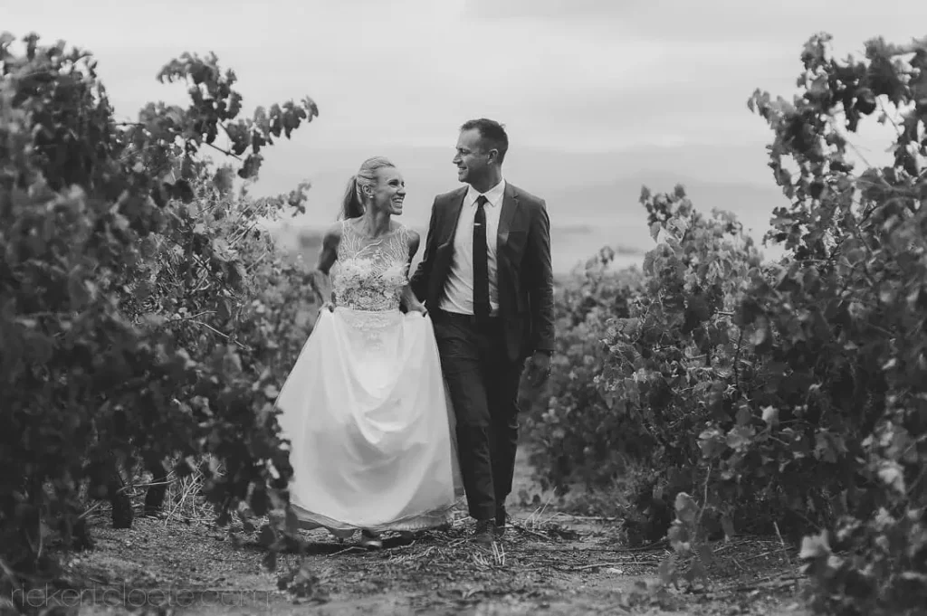 bride groom walking vineyard black white stellenbosch