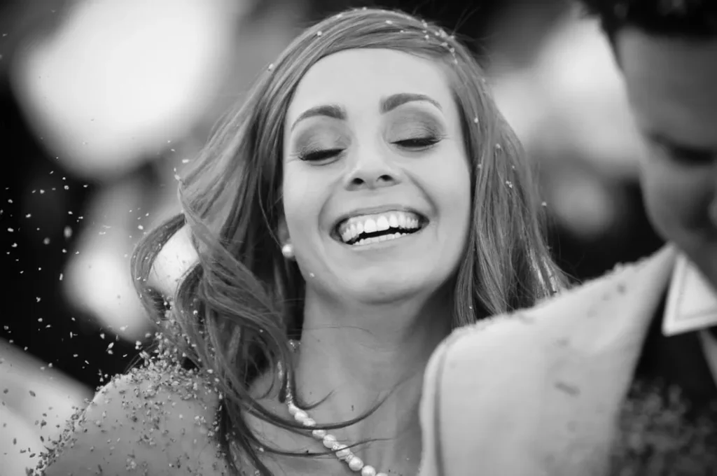 bride joyful smile confetti closeup zorgvliet wedding