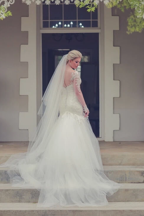 bride lace backless gown manor house steps