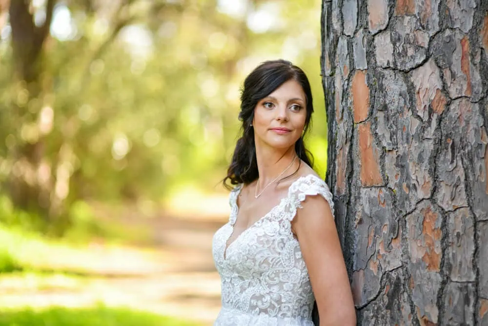bride lace gown leaning pine tree elopement
