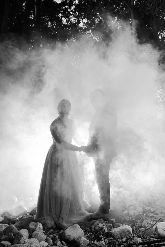 bride smoke dramatic sparkler night portrait