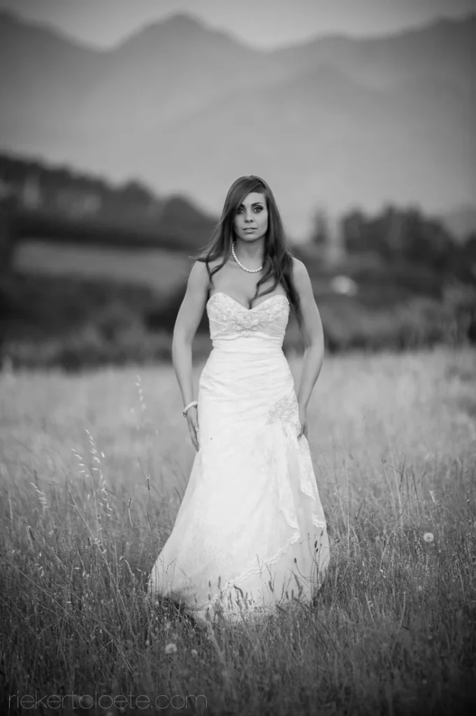 bride strapless gown long grass mountains