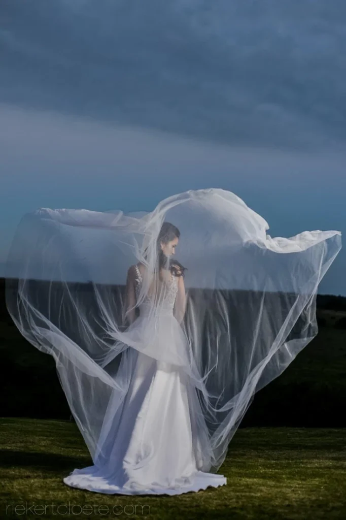 bride veil dramatic wings twilight sky