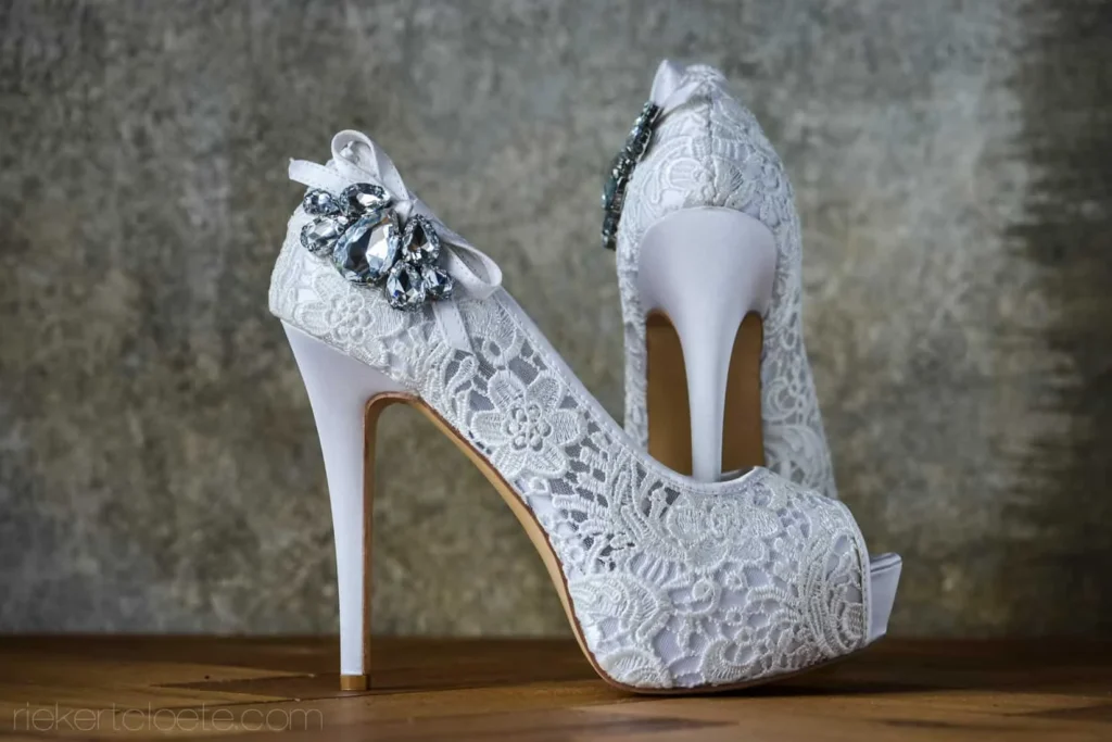 bride white lace peep toe heels jewel detail