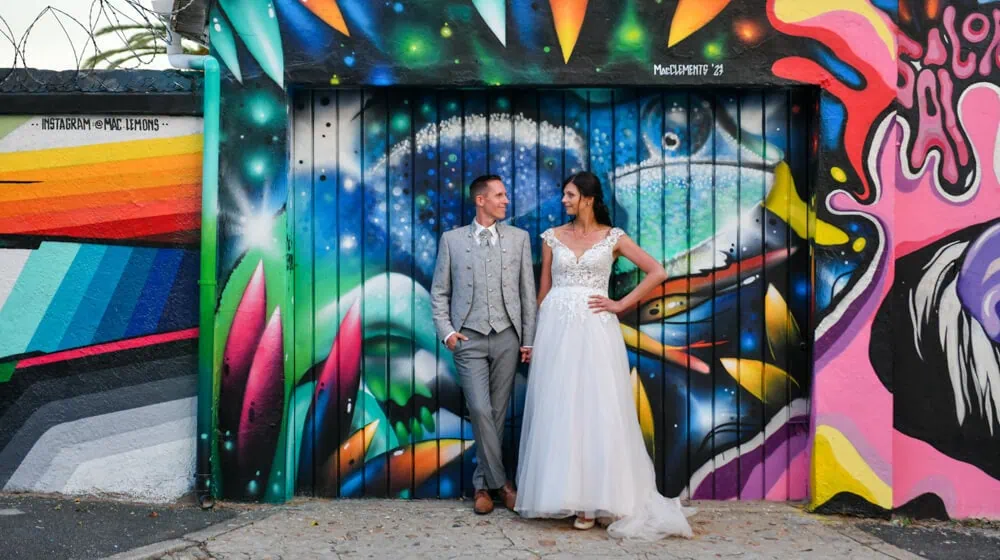 cape town elopement couple vibrant graffiti wall