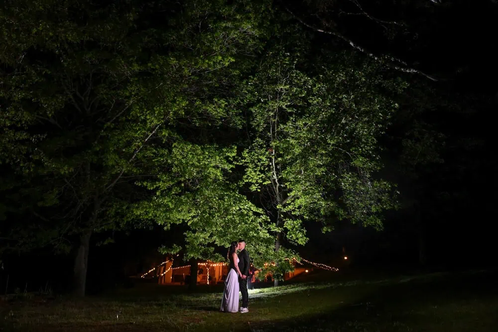 couple embrace glowing tree night garden venue