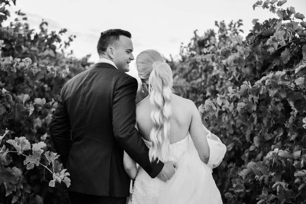 couple embracing walking vineyard from behind