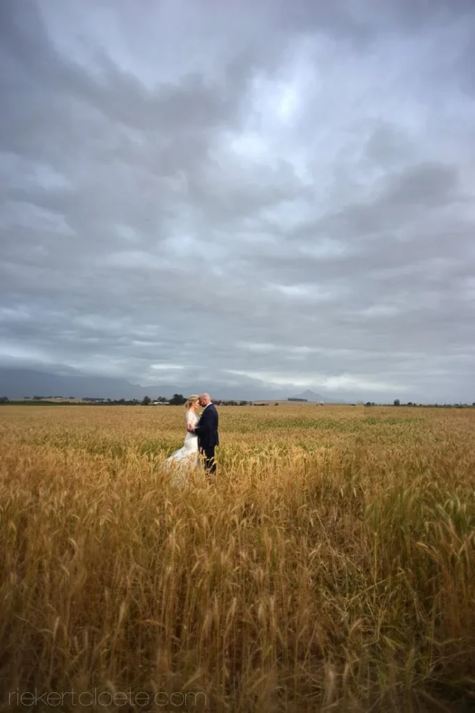 couple embracing wheat field moody overcast sky