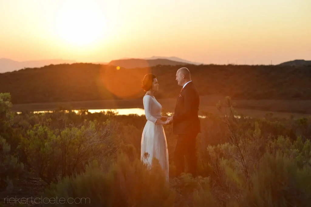 couple fynbos mountain dam sunset portrait