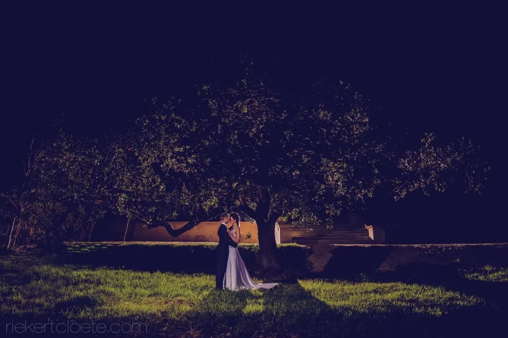 couple kissing backlit garden tree night wedding