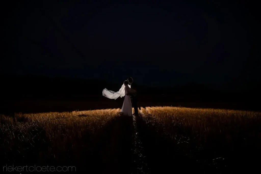 couple night wheat field blowing veil spotlight