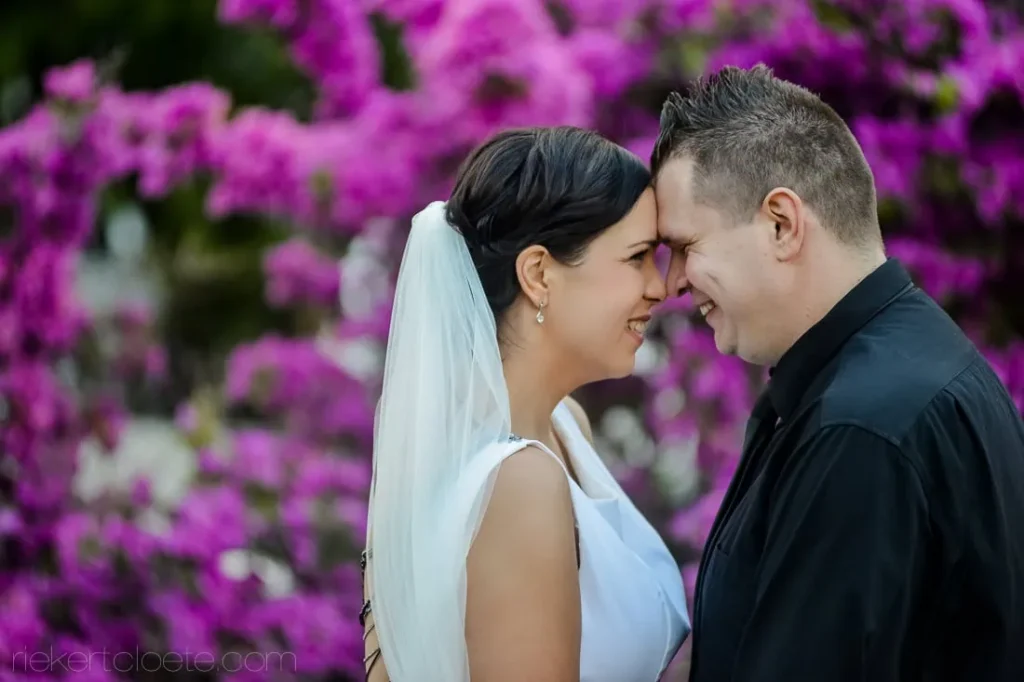 couple touching foreheads bougainvillea bloom