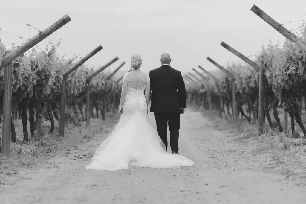 couple walking away vineyard path black white