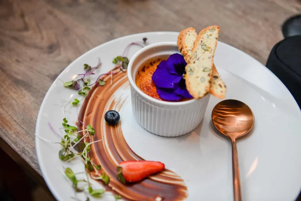creme brulee edible flower wedding dessert