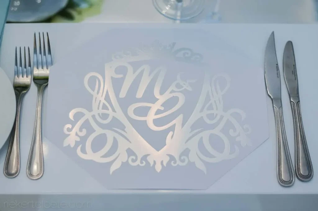 custom monogram acrylic placemat silver cutlery wedding