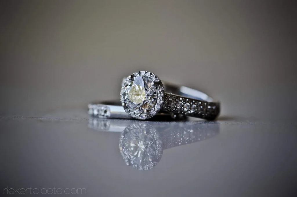 diamond halo ring pave band grey reflective surface
