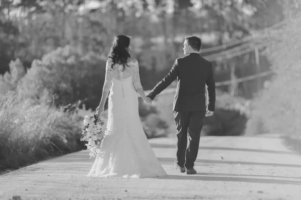 langkloof roses couple pine tree path black white