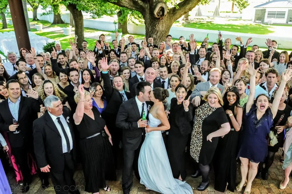large wedding group photo outdoor garden gazebo