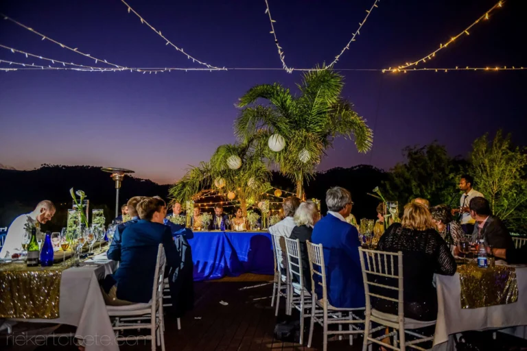 outdoor reception blue tablecloths globe lights dusk