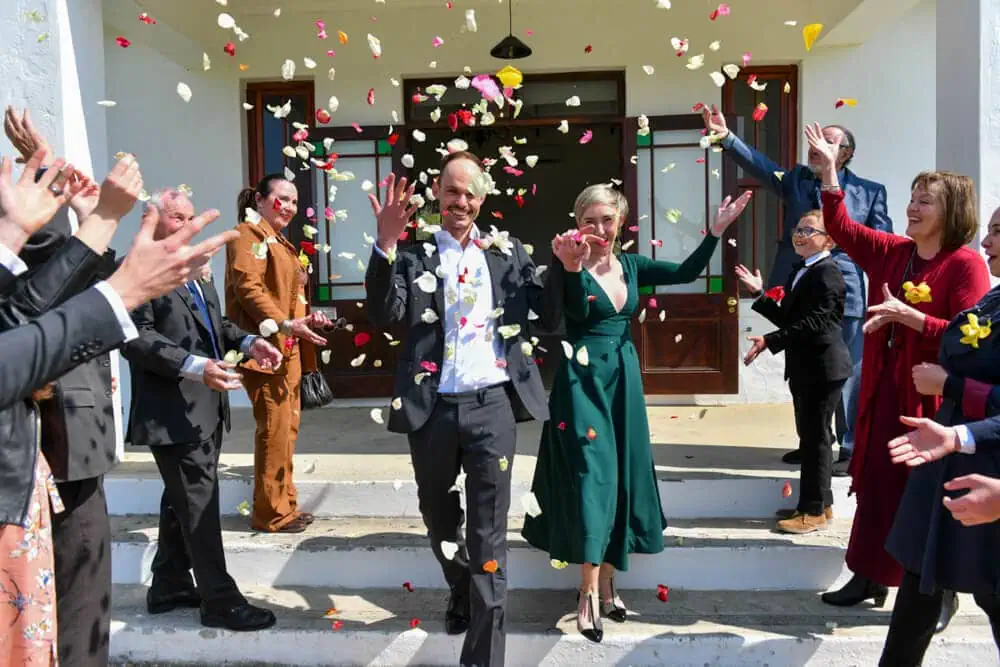 overberg couple colorful confetti white building exit