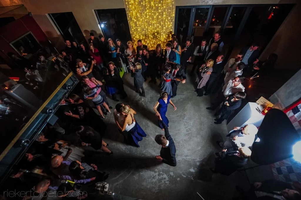 overhead wide angle wedding guests dance floor