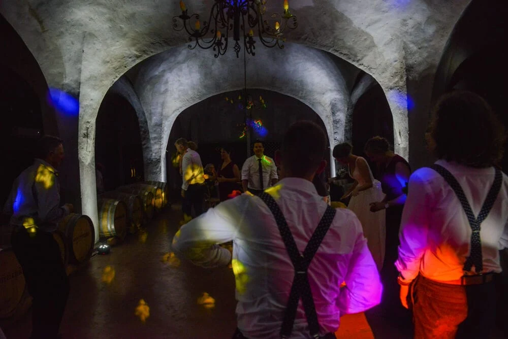 reception dancing stone wine cellar coloured lights