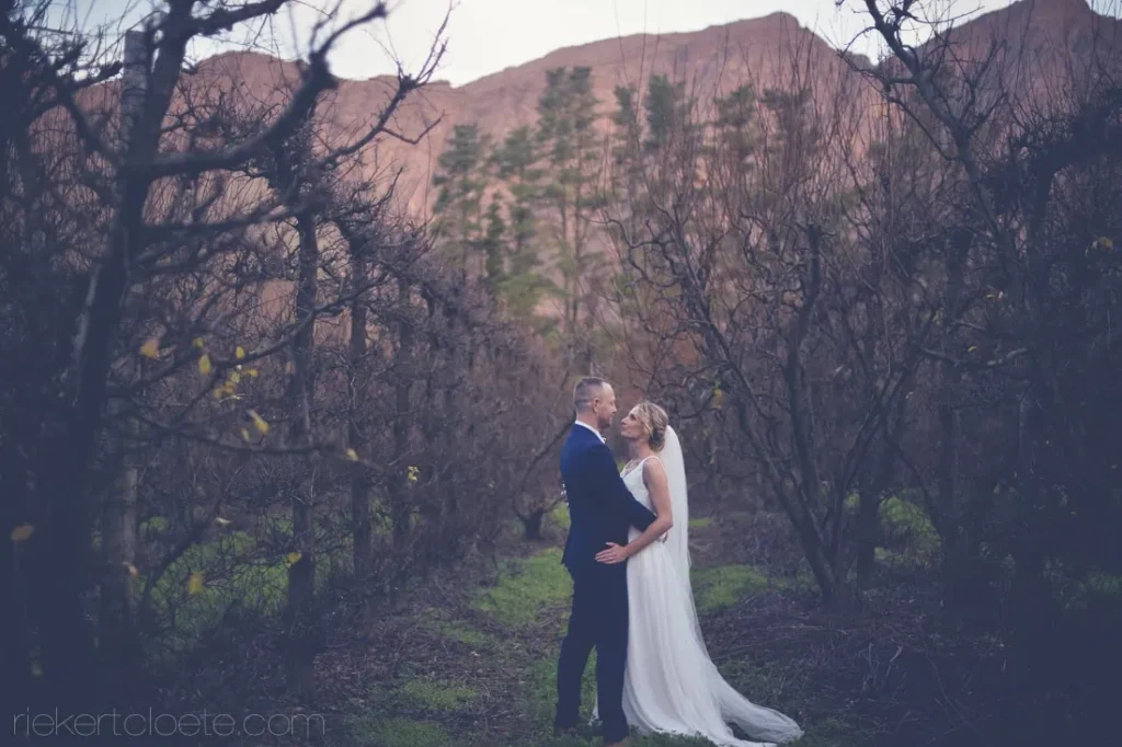romantic couple embrace winter orchard mountain dusk
