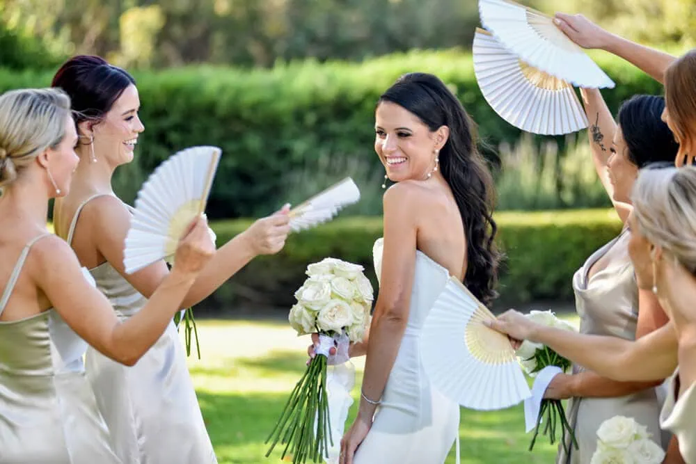 steenberg bride white rose bouquet bridesmaids garden fans
