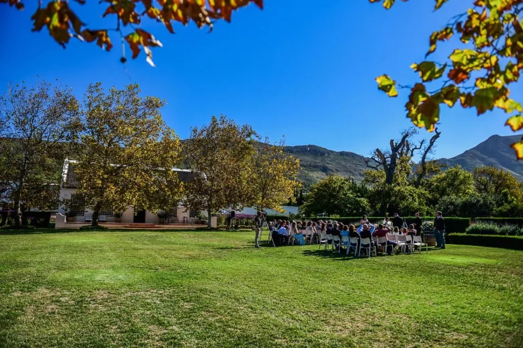 steenberg outdoor ceremony autumn leaves cape dutch manor