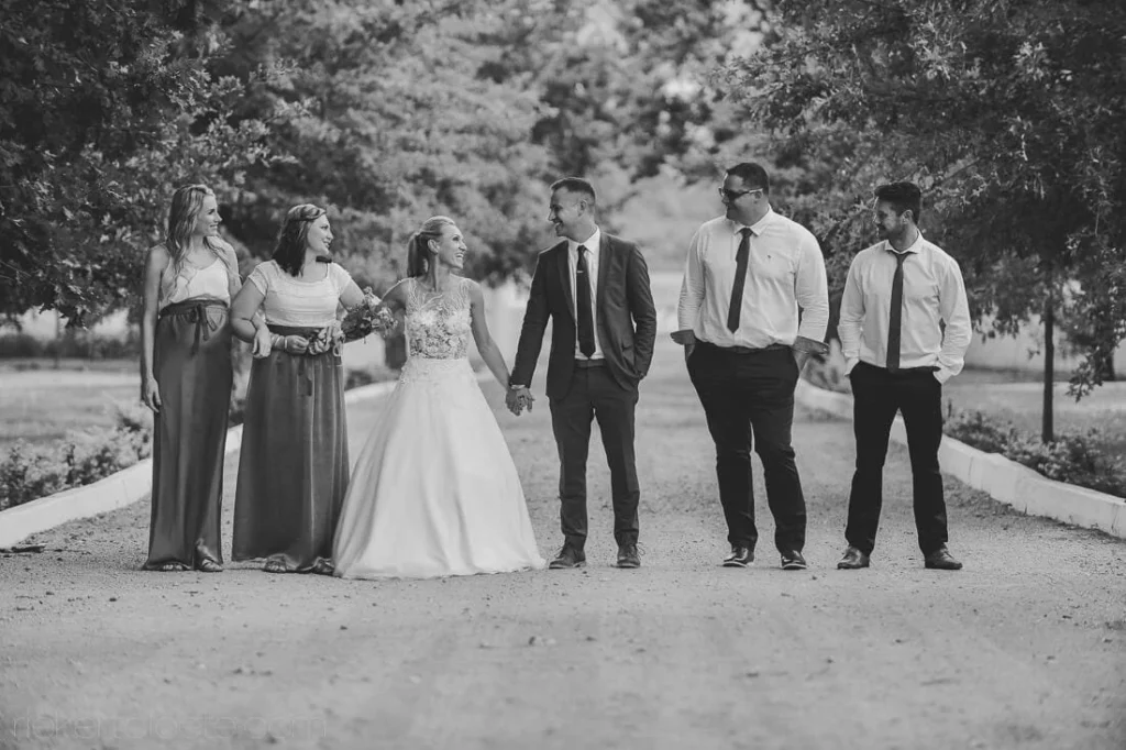 stellenbosch bride groom entourage path black white