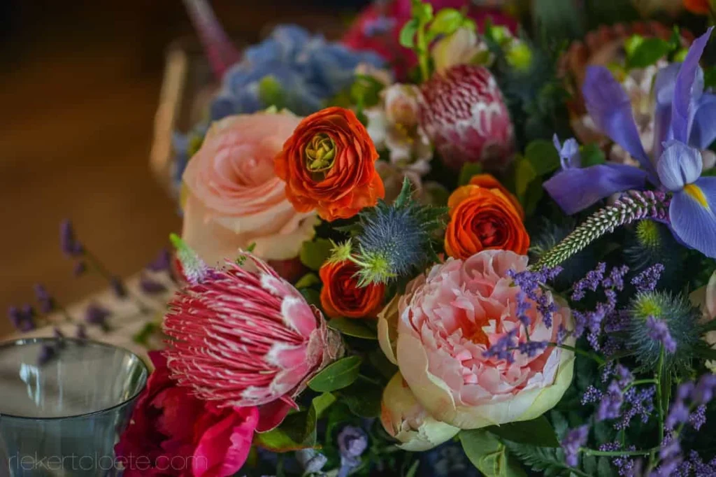 vibrant centrepiece protea ranunculus peony iris