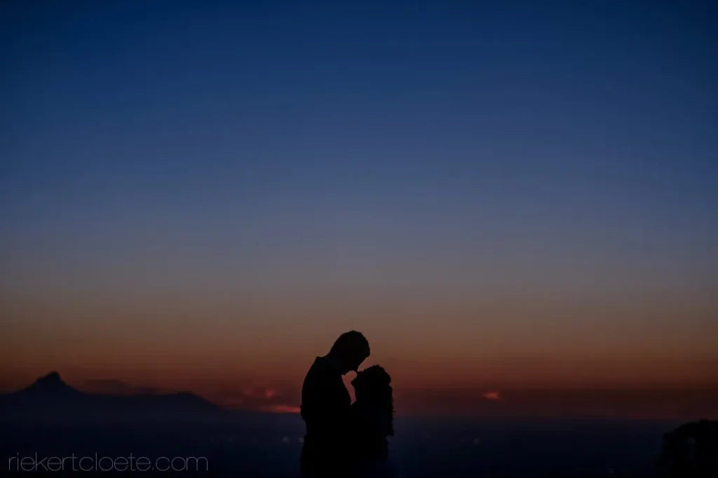wedding couple silhouette dusk cape town mountains