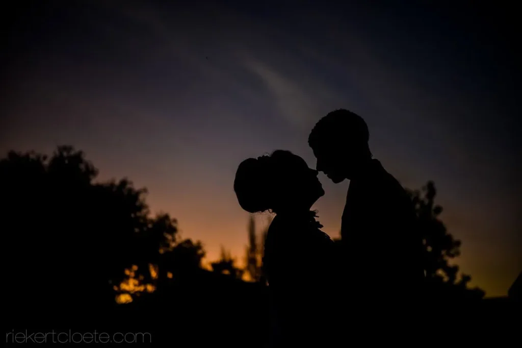 wedding couple silhouette sunset garden trees